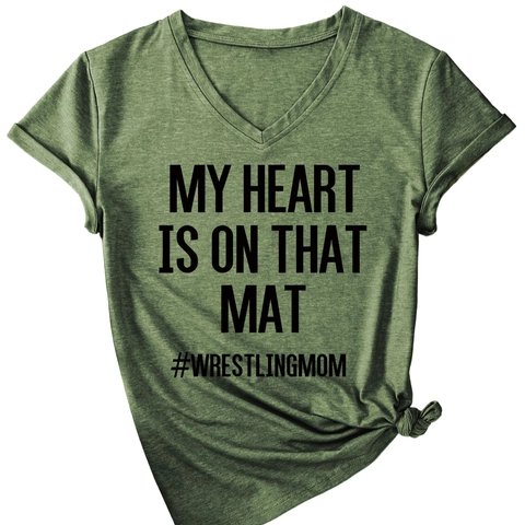 T-Shirt Décontracté à Col en V et Manches Courtes pour Femmes My Heart Is On That Mat Slogan Imprimé Lettres Mélange de Coton Coupe Large