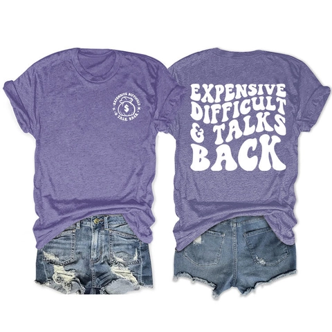 Dames Expensive Difficult Talks Back Grafisch T-Shirt Casual Korte Mouw Ronde Hals Katoenmix Zomer Streetwear Top