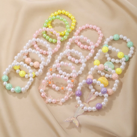 Kids Cute Plastic Artificial Pearl Bracelet Collection Butterfly Flower Mermaid Tail Shell Pendant Bracelets For Girls Princess Dress Up Jewelry Gift