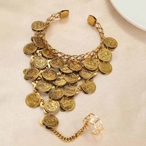 Boho Gold Plated Alloy Coin Tassel Hand Chain With Hollow Star Ring For Women Indian Belly Dance Party Ethnic Jewelry
