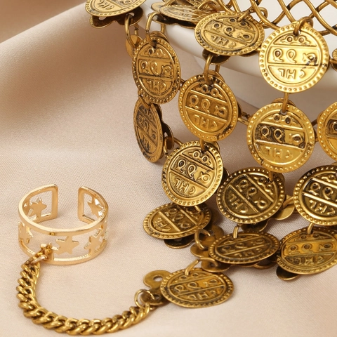 Boho Gold Plated Alloy Coin Tassel Hand Chain With Hollow Star Ring For Women Indian Belly Dance Party Ethnic Jewelry