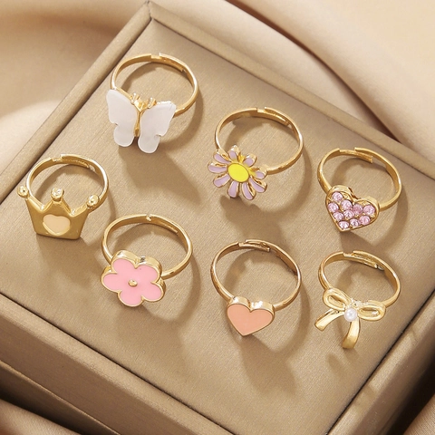 Adjustable Kids Zinc Alloy Rings Crown Heart Butterfly Flower Enamel Rhinestone Faux Artificial Pearl Decorations Cute Jewelry