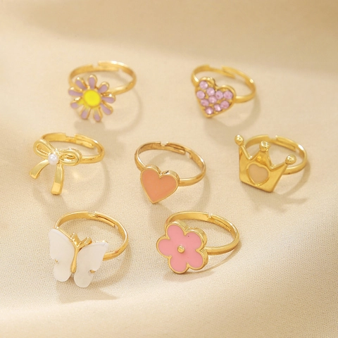 Adjustable Kids Zinc Alloy Rings Crown Heart Butterfly Flower Enamel Rhinestone Faux Artificial Pearl Decorations Cute Jewelry