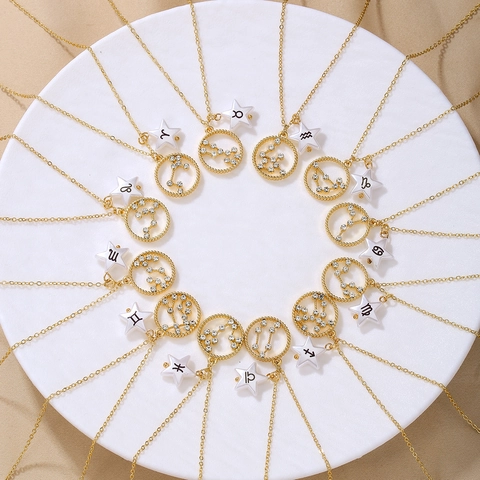 Fashion Zodiac Pendant Necklace Gold Plated Alloy With Rhinestone Double Layer Star Circle Pendants For Women Birthday Jewelry Gift