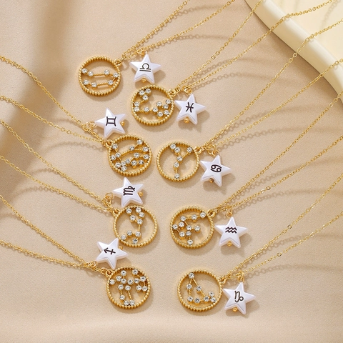 Fashion Zodiac Pendant Necklace Gold Plated Alloy With Rhinestone Double Layer Star Circle Pendants For Women Birthday Jewelry Gift