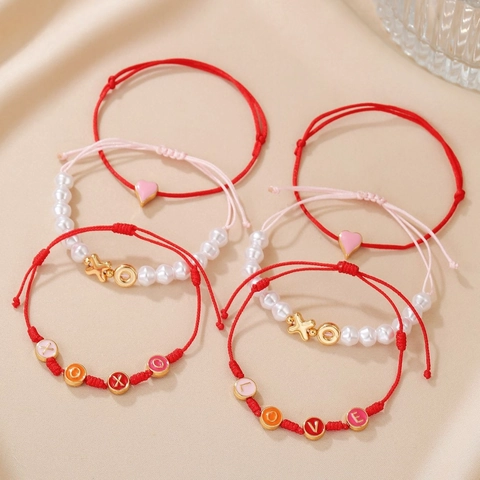 Bracciali Cuore LOVE XOXO Lega Smalto Finta Perla Artificial Corda Intrecciata Gioielli Regolabili Regalo Per Donne Ragazze Moda