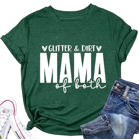 Maglietta Donna Casual Misto Cotone Girocollo Glitter Dirt Mama Of Both Stampa Lettere Manica Corta Top Streetwear Largo