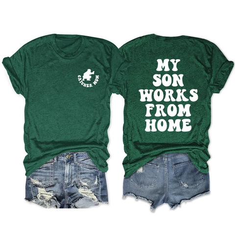 Dames Casual Katoenmix Letterprint T-Shirt My Son Works From Home Grafisch Korte Mouw Ronde Hals Losse Streetwear Tee