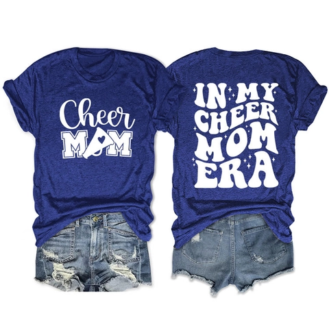 Women T-Shirt Short Sleeve Crew Neck Cotton Blend Casual Loose Double Sided Print Cheer Mom Era Lettering Graphic Top