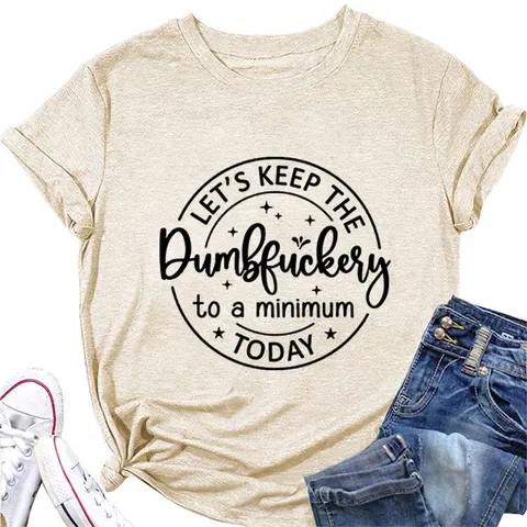Women Cotton Blend T-Shirt Round Neck Short Sleeve Letter Print Loose Fit Summer Casual Top