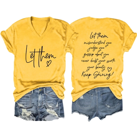 Maglietta Da Donna Scollo V Stampa Lettere Let Them Grafica Su Entrambi I Lati Casual Manica Corta Streetwear Misto Cotone