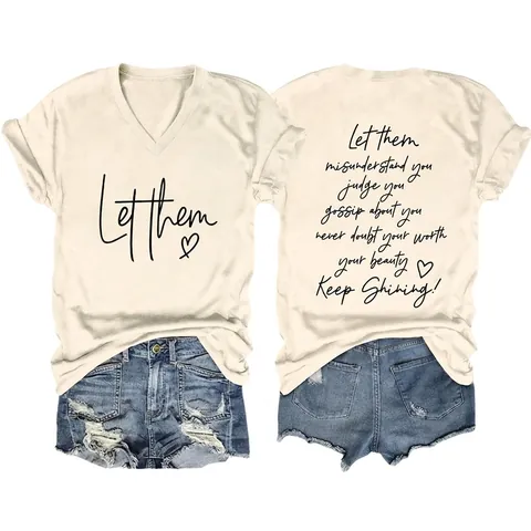 Maglietta Da Donna Scollo V Stampa Lettere Let Them Grafica Su Entrambi I Lati Casual Manica Corta Streetwear Misto Cotone