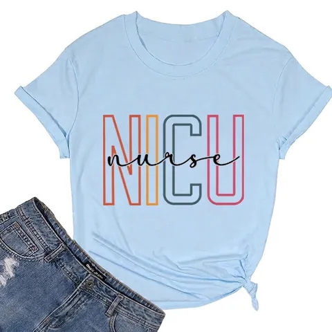 T-Shirt Donna NICU Infermiera Grafica Stampata Girocollo Manica Corta Misto Cotone Top Casual Vestibilità Comoda