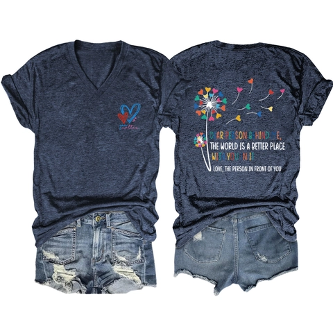 Damen Casual V-Ausschnitt Kurzarm T-Shirt Mit Dear Person Behind Me Slogan Herz Löwenzahn Grafik Lockerer Baumwollmischung Top