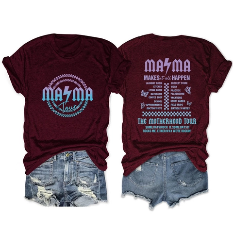 T-Shirt Style Rock pour Femmes Imprimé Lettres MAMA Tour Vintage Motherhood Graphique Manches Courtes Décontracté Streetwear