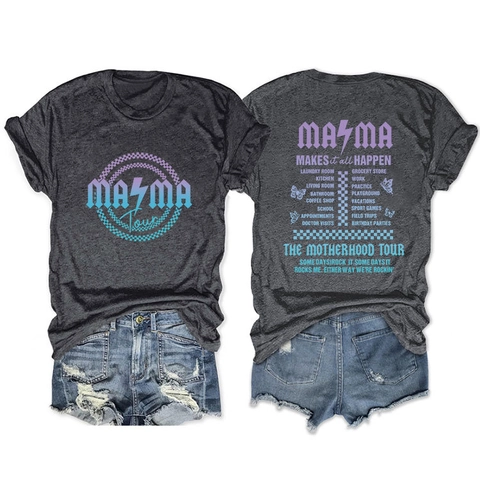 T-Shirt Style Rock pour Femmes Imprimé Lettres MAMA Tour Vintage Motherhood Graphique Manches Courtes Décontracté Streetwear