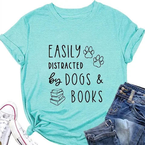 Damen Casual Baumwollmischung T-Shirt Kurzarm Rundhals Lockerer Schnitt Grafikdruck Slogan Hunde Bücher Literaturliebhaber