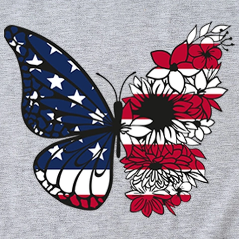 Butterfly American Flag Floral Print Women Short Sleeve Crew Neck T-Shirt Casual Summer Cotton Blend Top