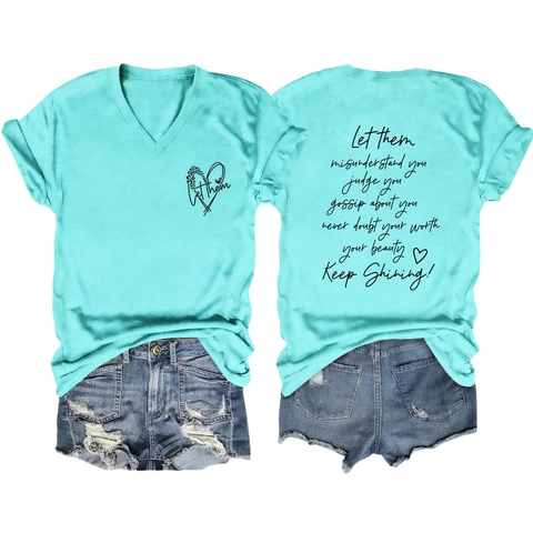 Dames Casual Katoenmix V-Hals T-Shirt Losse Korte Mouw Top Letter Hart Grafische Print Motiverende Tee
