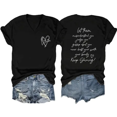 Dames Casual Katoenmix V-Hals T-Shirt Losse Korte Mouw Top Letter Hart Grafische Print Motiverende Tee