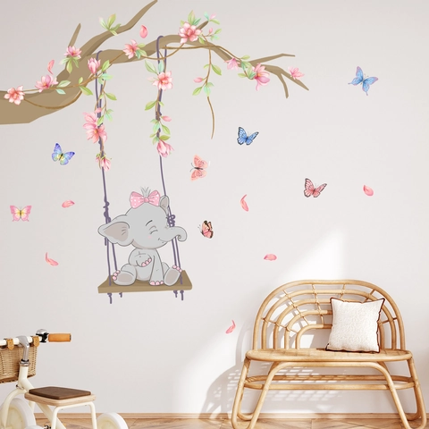 Cartoon Elephant Cherry Blossom Wall Sticker For Nursery Kids Room PVC Removable DIY Large Wall Decal Home Decoration