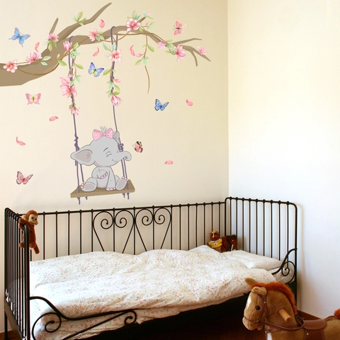 Cartoon Elephant Cherry Blossom Wall Sticker For Nursery Kids Room PVC Removable DIY Large Wall Decal Home Decoration