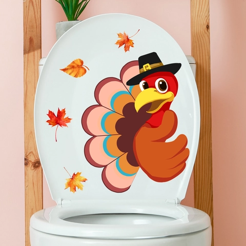 Thanksgiving Turkey Maple Leaf Toilet Sticker Cartoon PVC Self-Adhesive Bathroom Wall Decal For Fall Harvest Festival Home Decor