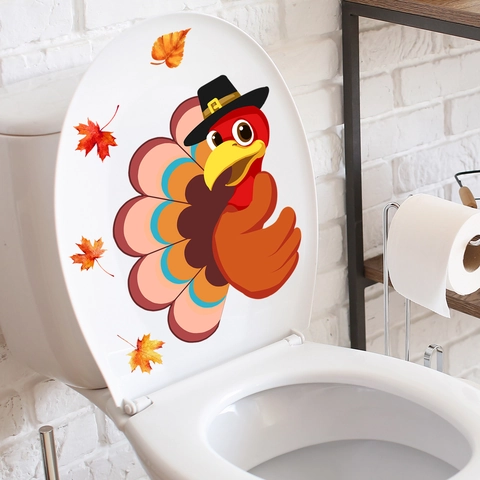 Thanksgiving Turkey Maple Leaf Toilet Sticker Cartoon PVC Self-Adhesive Bathroom Wall Decal For Fall Harvest Festival Home Decor