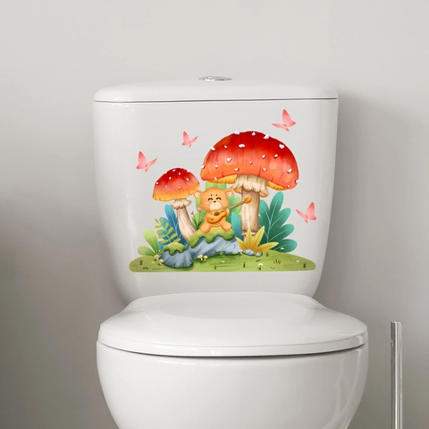 Cartoon Mushroom Bear Fox Butterfly Toilet Sticker Waterproof PVC Bathroom Decorative Wall Decal For Toilet Lid Decor