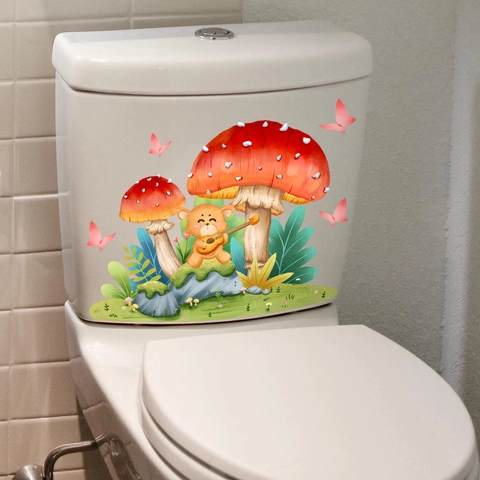 Cartoon Mushroom Bear Fox Butterfly Toilet Sticker Waterproof PVC Bathroom Decorative Wall Decal For Toilet Lid Decor