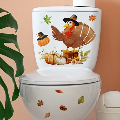 Thanksgiving Toilet Sticker PVC Turkey Pumpkin Maple Leaf Autumn Harvest Bathroom Wall Decal Self Adhesive Cartoon Decoration