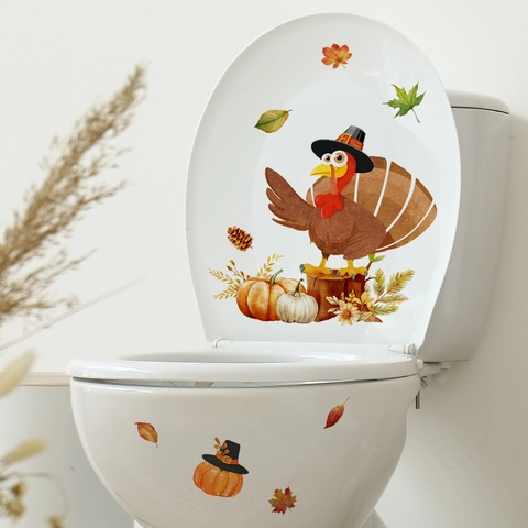 Thanksgiving Toilet Sticker PVC Turkey Pumpkin Maple Leaf Autumn Harvest Bathroom Wall Decal Self Adhesive Cartoon Decoration
