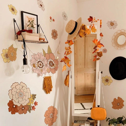 Bohemian Große Blumen Wandsticker Für Schlafzimmer Kinderzimmer PVC Abnehmbare Vintage Florale Wandtattoo Dahlien Sonnenblumen Deko
