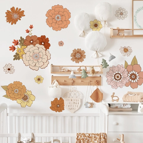 Bohemian Große Blumen Wandsticker Für Schlafzimmer Kinderzimmer PVC Abnehmbare Vintage Florale Wandtattoo Dahlien Sonnenblumen Deko