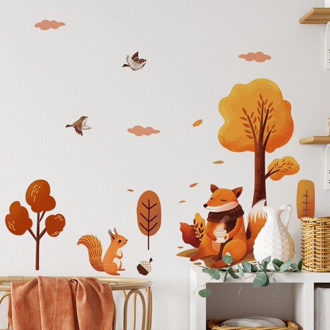 Autumn Forest Animals Wall Stickers PVC Fox Squirrel Tree Decals For Kids Nursery Bedroom Cartoon Decor