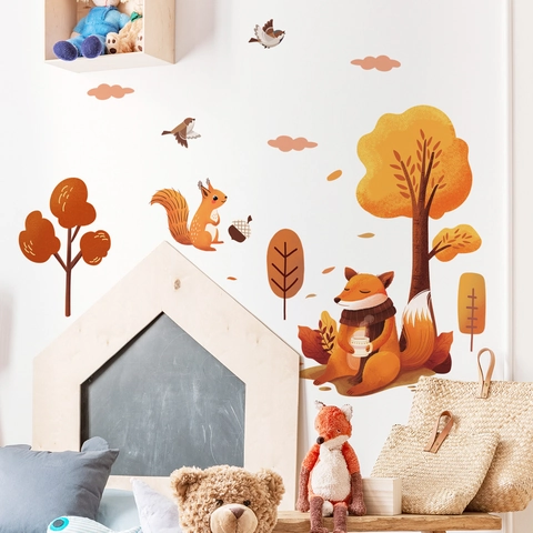 Autumn Forest Animals Wall Stickers PVC Fox Squirrel Tree Decals For Kids Nursery Bedroom Cartoon Decor