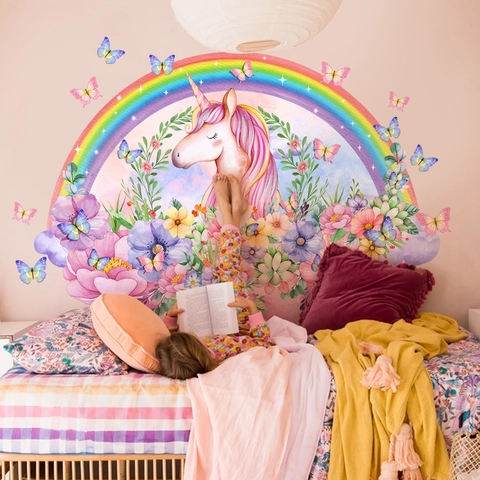 Rainbow Unicorn Floral Butterfly Wall Stickers PVC Removable Decal For Kids Room Bedroom Living Room Home Decor Art Mural
