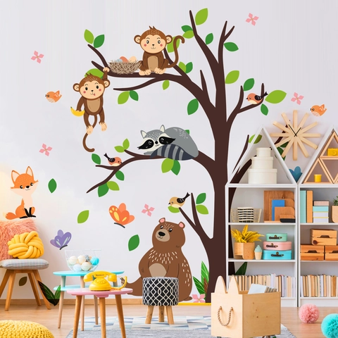 Pegatina de Pared Árbol Animales del Bosque Mono Oso Zorro Mapache PVC para Habitación Infantil Guardería