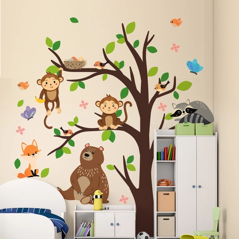 Pegatina de Pared Árbol Animales del Bosque Mono Oso Zorro Mapache PVC para Habitación Infantil Guardería