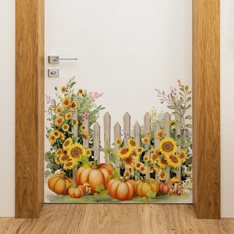 Stickers Muraux Tournesol Citrouille PVC Autocollants Amovibles Clôture En Bois Pour Porte Salon Décoration Maison Moisson Action De Grâce