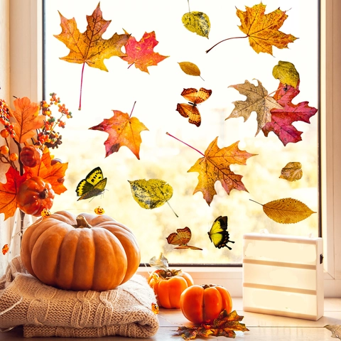 Autumn Maple Leaf Butterfly Window Stickers PVC Decorative Wall Decals Thanksgiving Home Ornament Self Adhesive