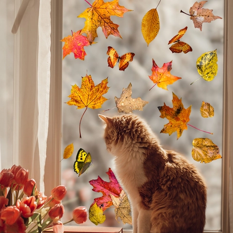 Autumn Maple Leaf Butterfly Window Stickers PVC Decorative Wall Decals Thanksgiving Home Ornament Self Adhesive