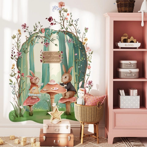 Woodland Rabbit Tea Time Wall Stickers PVC Waterproof Forest Mushroom Decals For Kids Nursery Bedroom Decor Watercolor Style