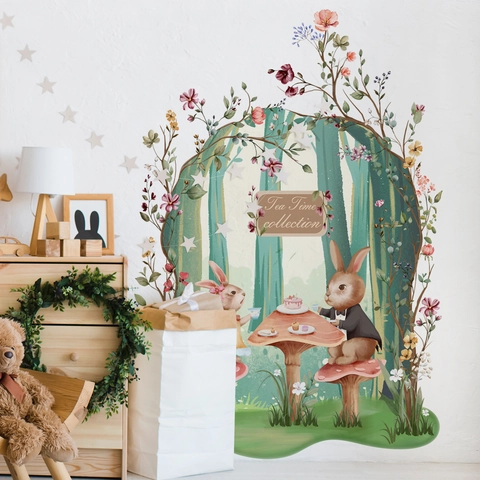 Woodland Rabbit Tea Time Wall Stickers PVC Waterproof Forest Mushroom Decals For Kids Nursery Bedroom Decor Watercolor Style