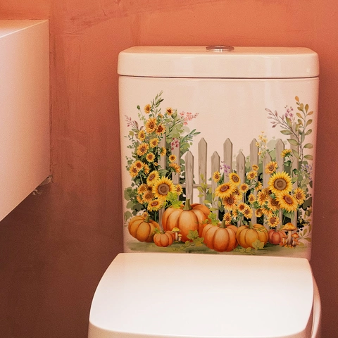 Autumn Sunflower Pumpkin Fence Toilet Sticker Waterproof PVC Floral Wall Decal For Bathroom Thanksgiving Harvest Festival Decoration