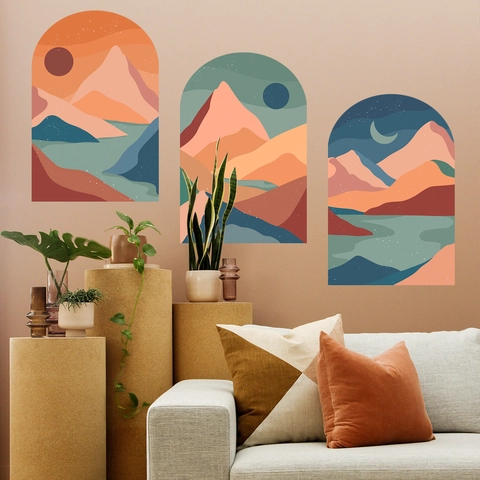 Nordic Abstract Landscape Wall Stickers PVC Sun Moon Mountains Wall Decals Bohemian Style Home Decoration
