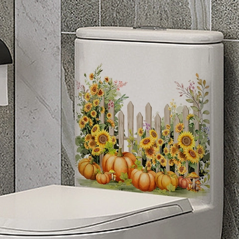 Autumn Sunflower Pumpkin Fence Toilet Sticker Waterproof PVC Floral Wall Decal For Bathroom Thanksgiving Harvest Festival Decoration