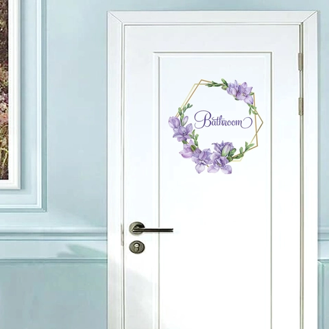 Purple Floral Wreath Bathroom Door Sticker PVC Waterproof Geometric Hexagon Wall Decal For Home Decor Sign Label