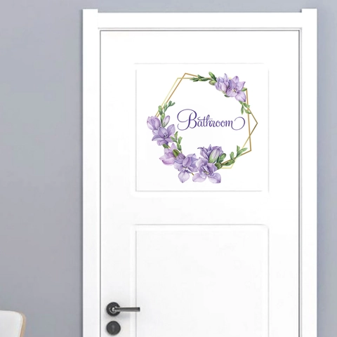 Purple Floral Wreath Bathroom Door Sticker PVC Waterproof Geometric Hexagon Wall Decal For Home Decor Sign Label