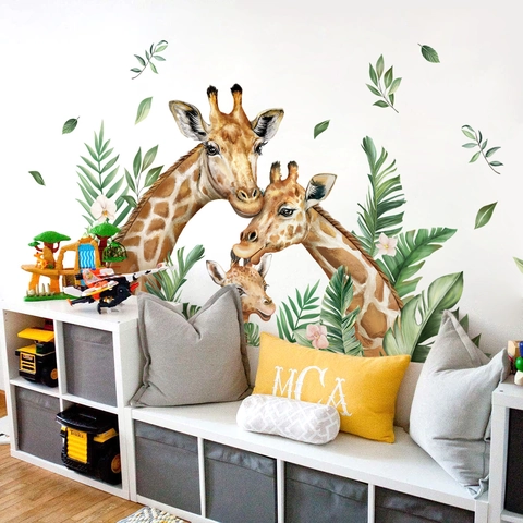 Cartoon Giraffe Family Tropical Leaves Flower PVC Wall Stickers For Kids Room Nursery Removable Home Decor Mural Decal